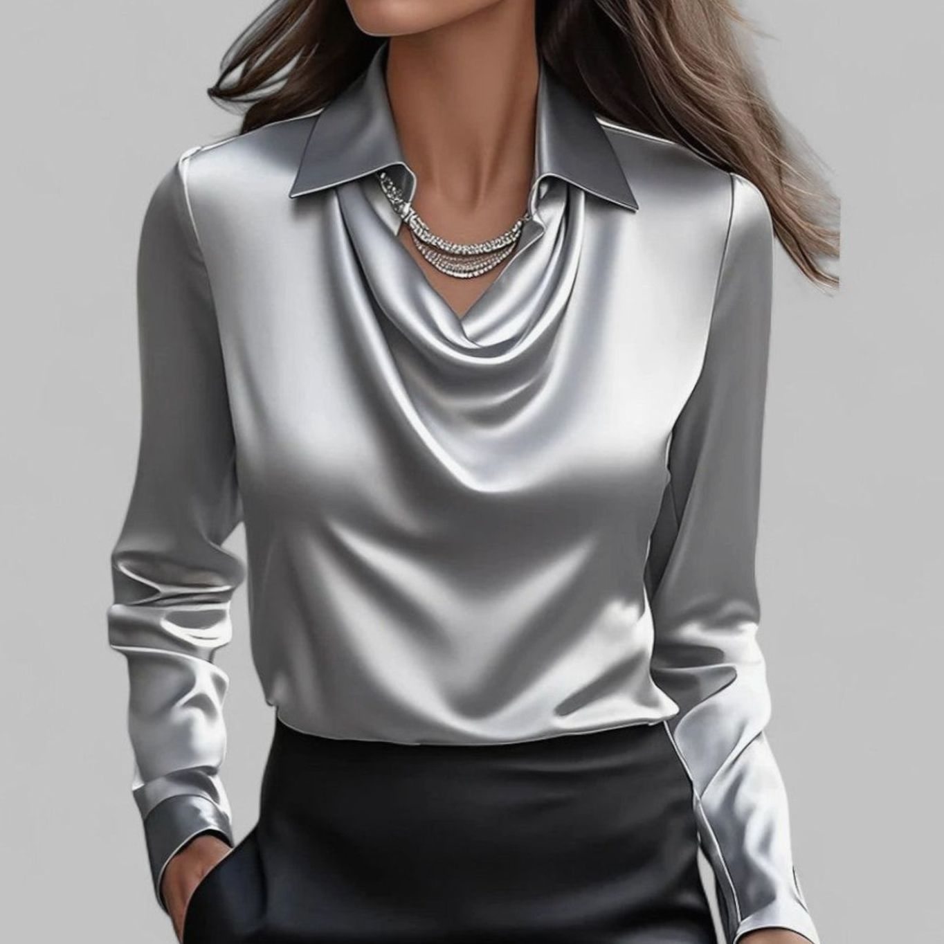 Women's Draped-Neck Long-Sleeve Collared Satin Blouses - Grey