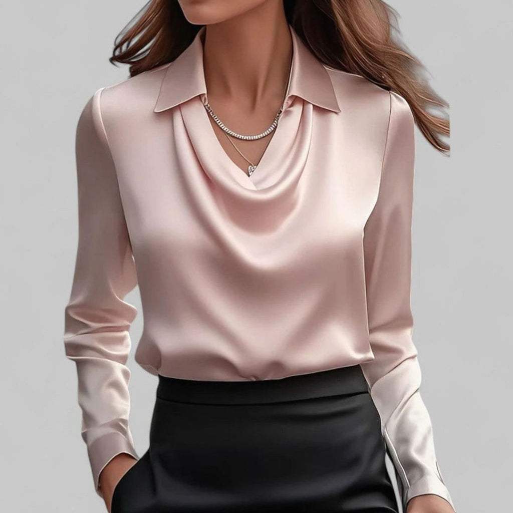 Women's Draped-Neck Long-Sleeve Collared Satin Blouses - Pink