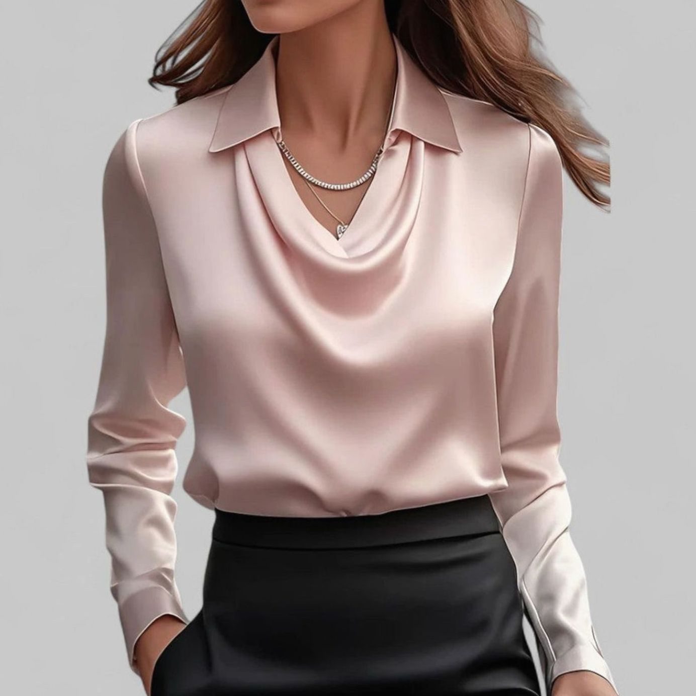 Women's Draped-Neck Long-Sleeve Collared Satin Blouses - Pink