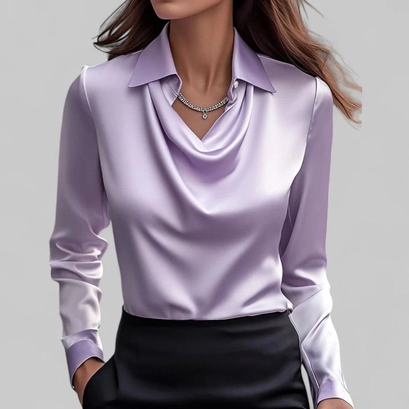 Women's Draped-Neck Long-Sleeve Collared Satin Blouses - Purple