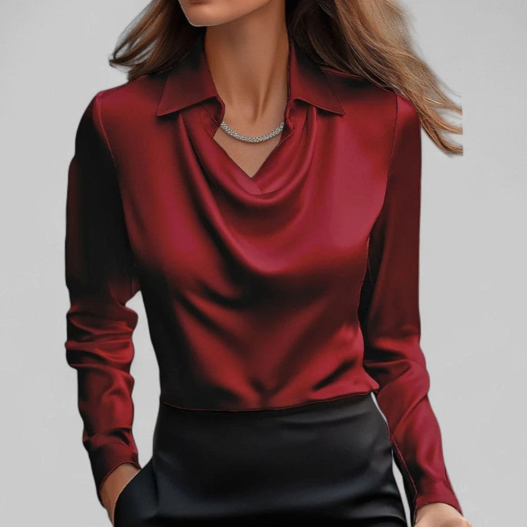 Women's Draped-Neck Long-Sleeve Collared Satin Blouses - Red