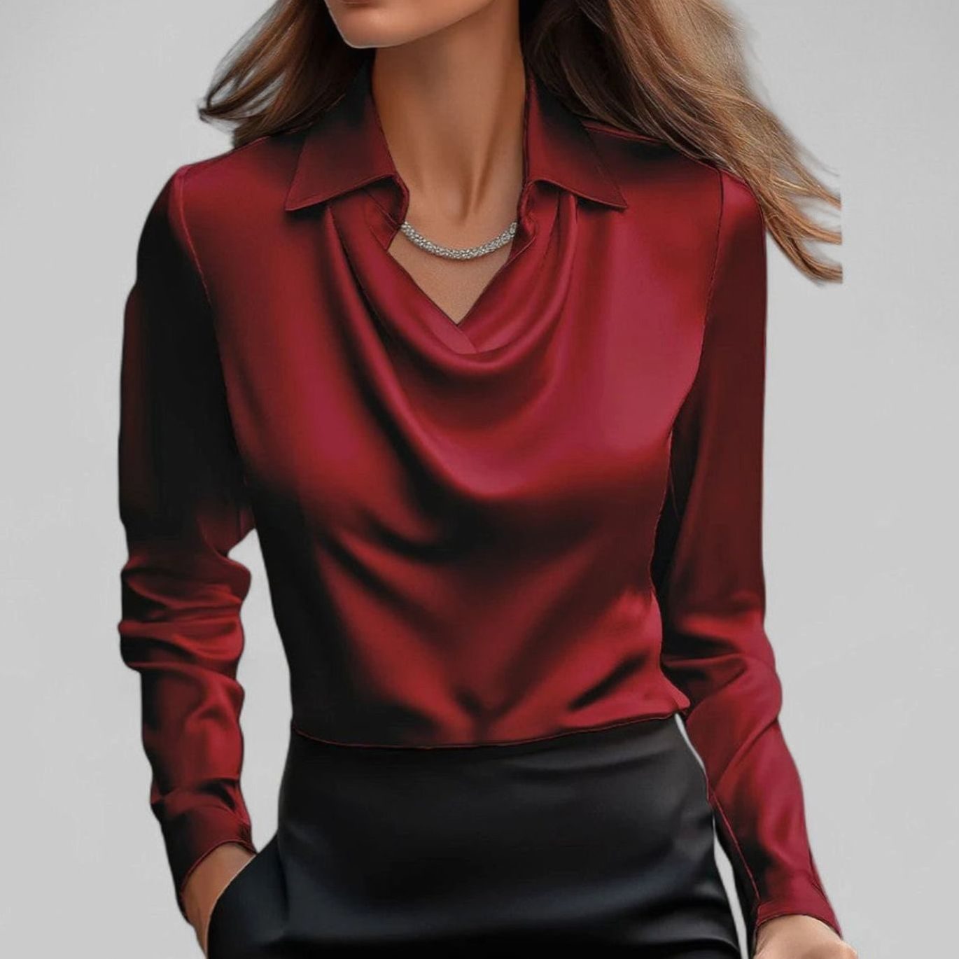 Women's Draped-Neck Long-Sleeve Collared Satin Blouses - Red