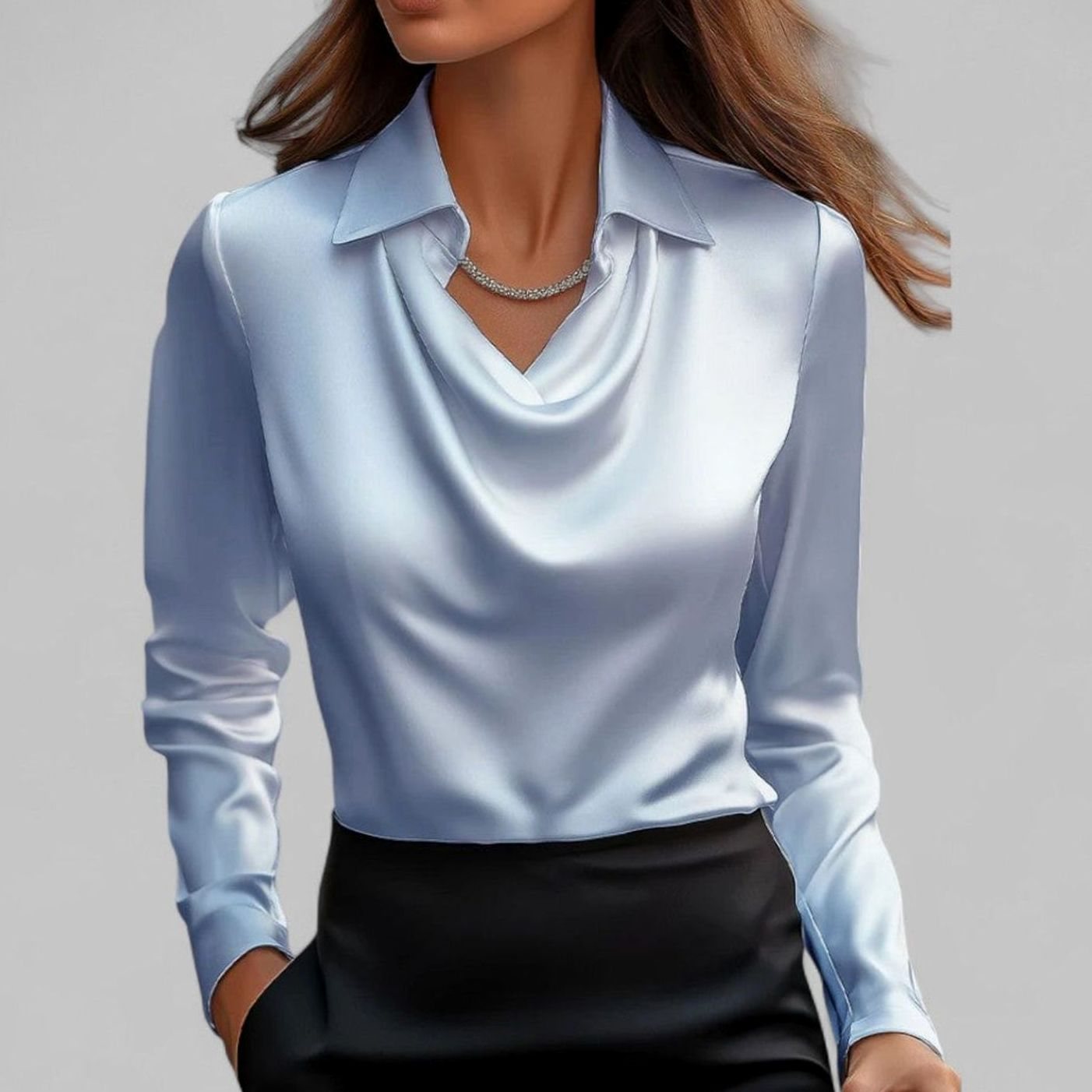 Women's Draped-Neck Long-Sleeve Collared Satin Blouses - Blue