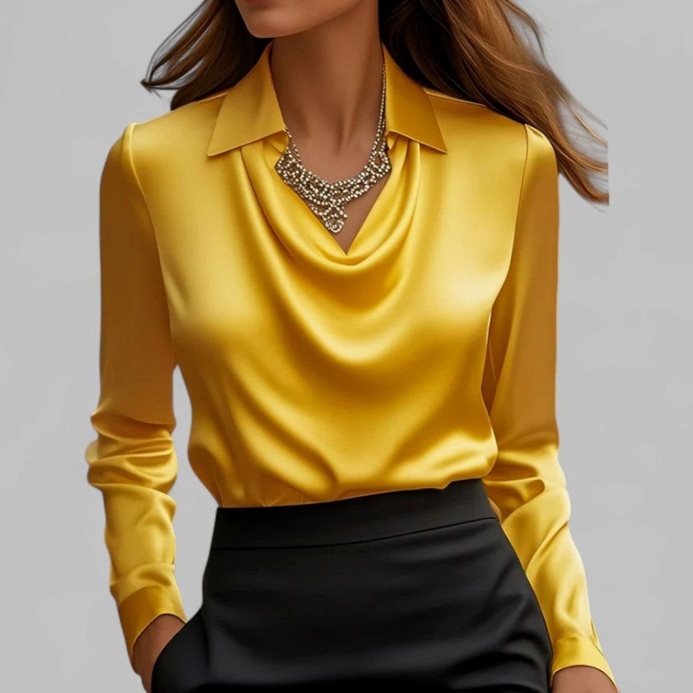 Women's Draped-Neck Long-Sleeve Collared Satin Blouses - Yellow