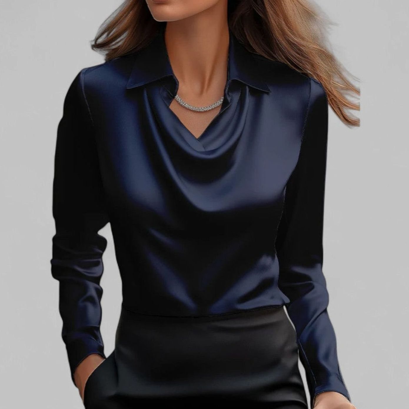 Women's Draped-Neck Long-Sleeve Collared Satin Blouses - Navy Blue