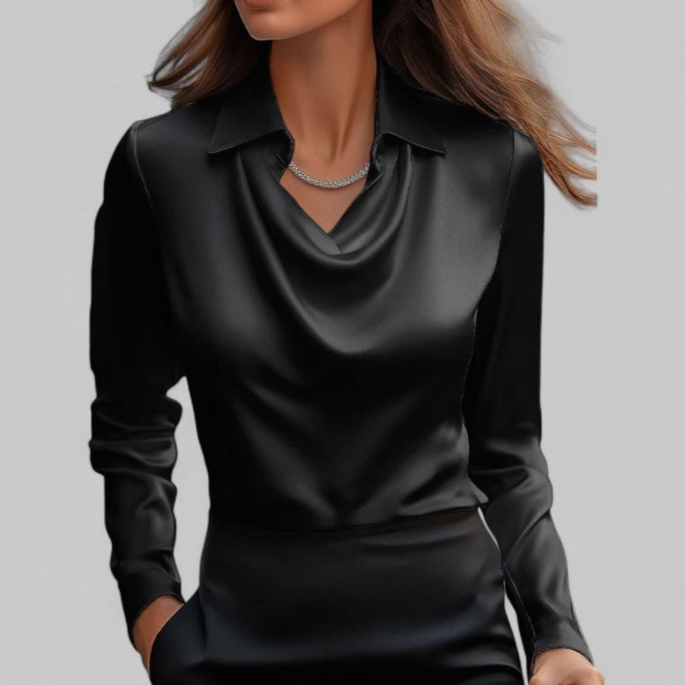 Women's Draped-Neck Long-Sleeve Collared Satin Blouses - Black