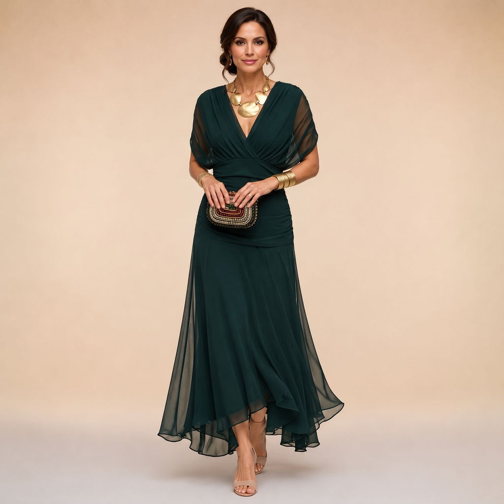 Women's Draped V-Neck Sheer-Sleeve Asymmetrical Maxi Dress - Dark Green