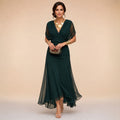 Women's Draped V-Neck Sheer-Sleeve Asymmetrical Maxi Dress - Dark Green