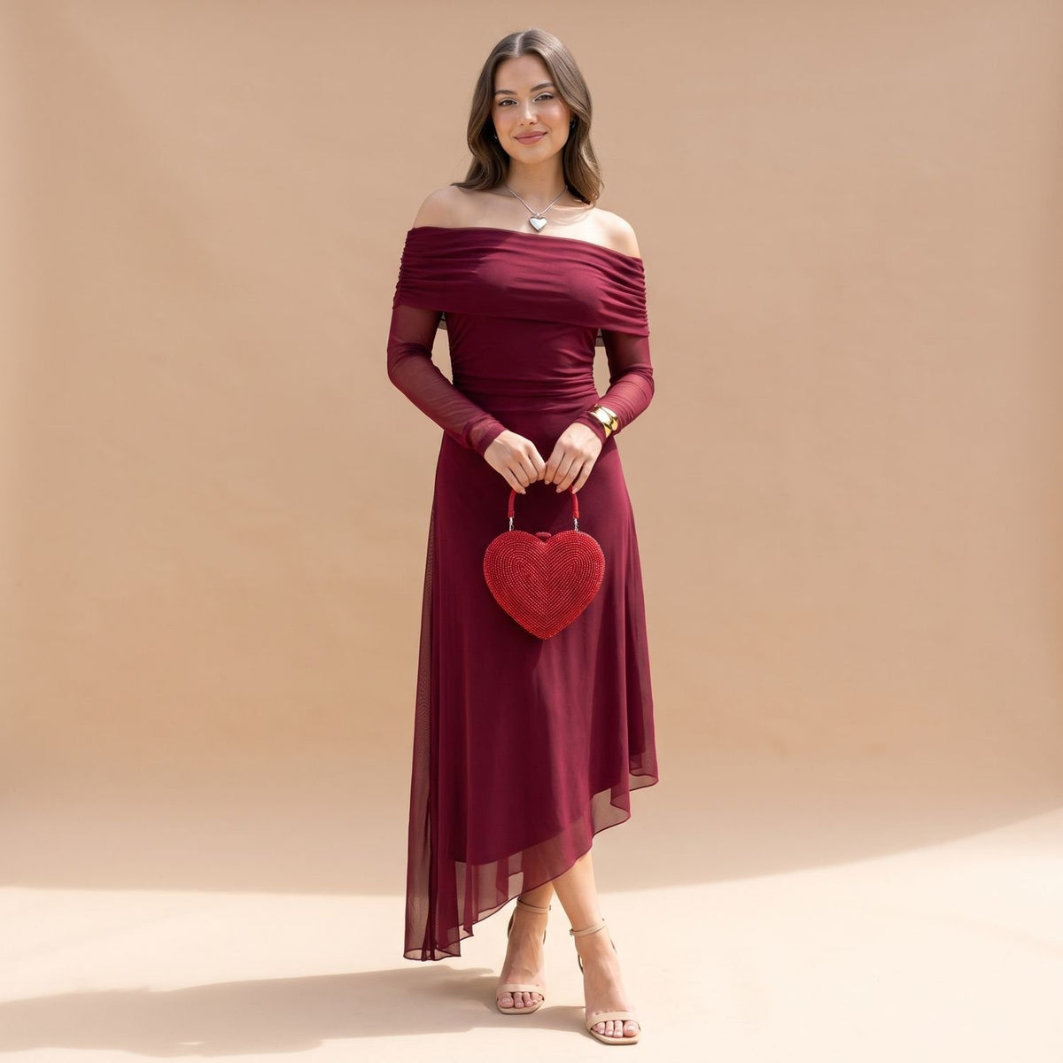 Women's Draped V-Neck Sheer-Sleeve Asymmetrical Maxi Dress - Venetian Red