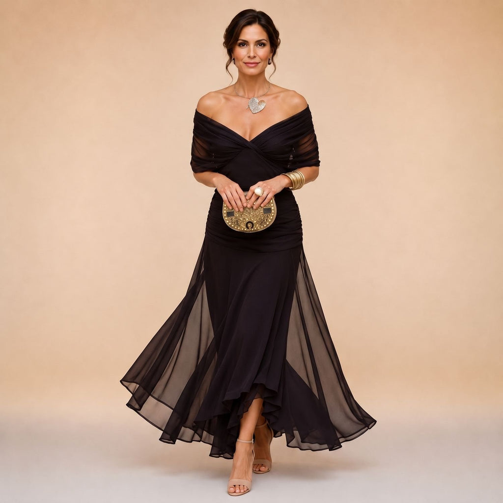 Women's Draped V-Neck Sheer-Sleeve Asymmetrical Maxi Dress - Brown
