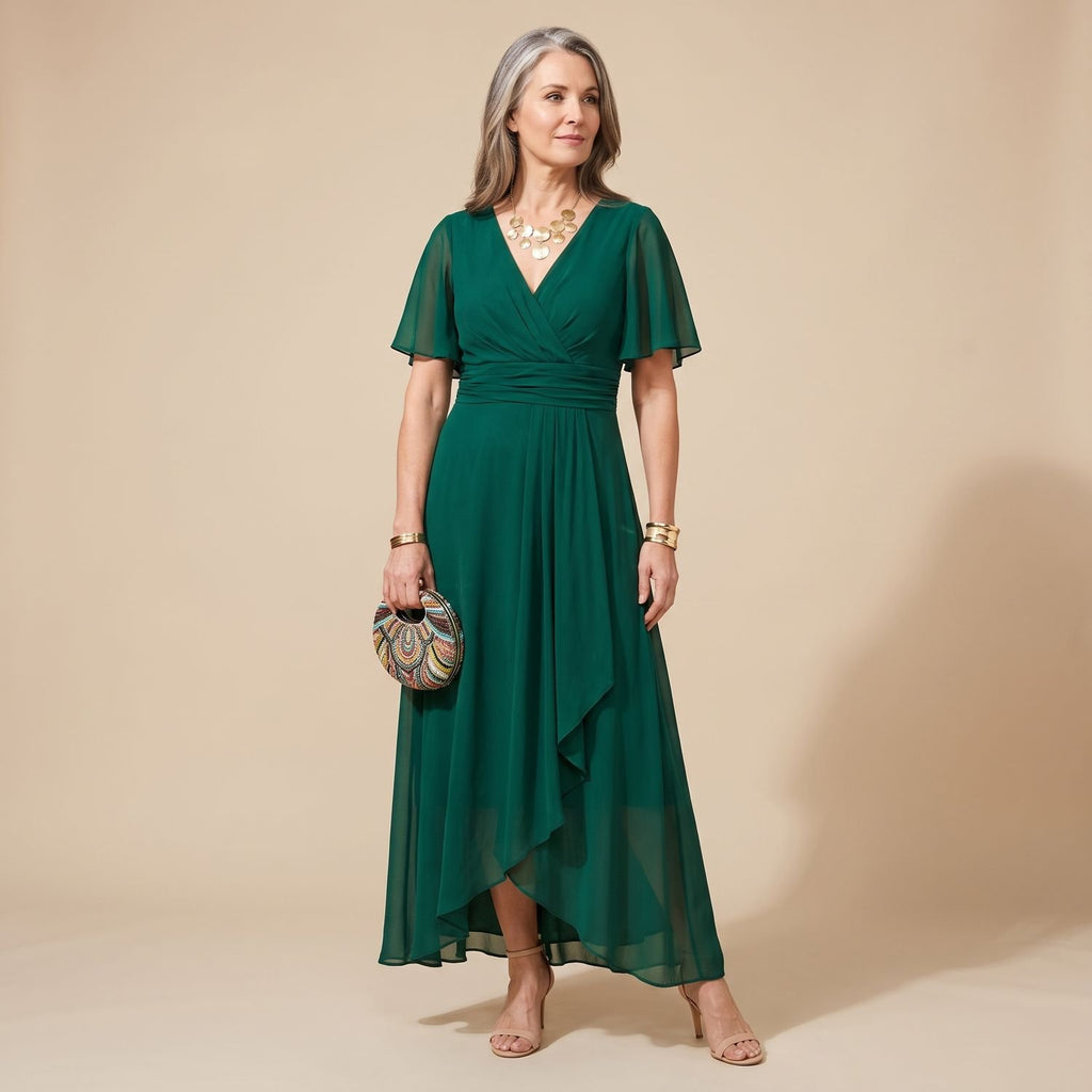 Women's Draped V-Neck Sheer-Sleeve Asymmetrical Maxi Dress