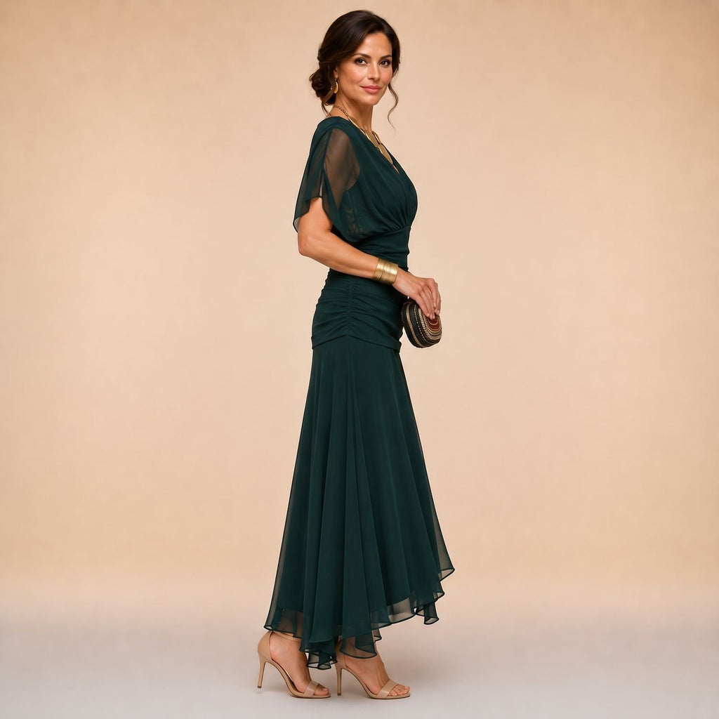 Women's Draped V-Neck Sheer-Sleeve Asymmetrical Maxi Dress