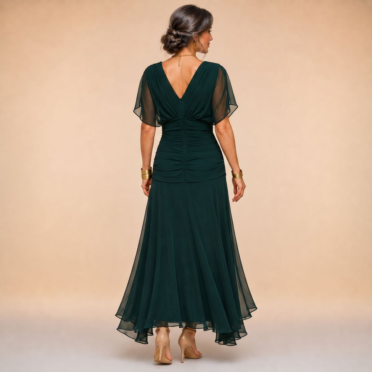 Women's Draped V-Neck Sheer-Sleeve Asymmetrical Maxi Dress