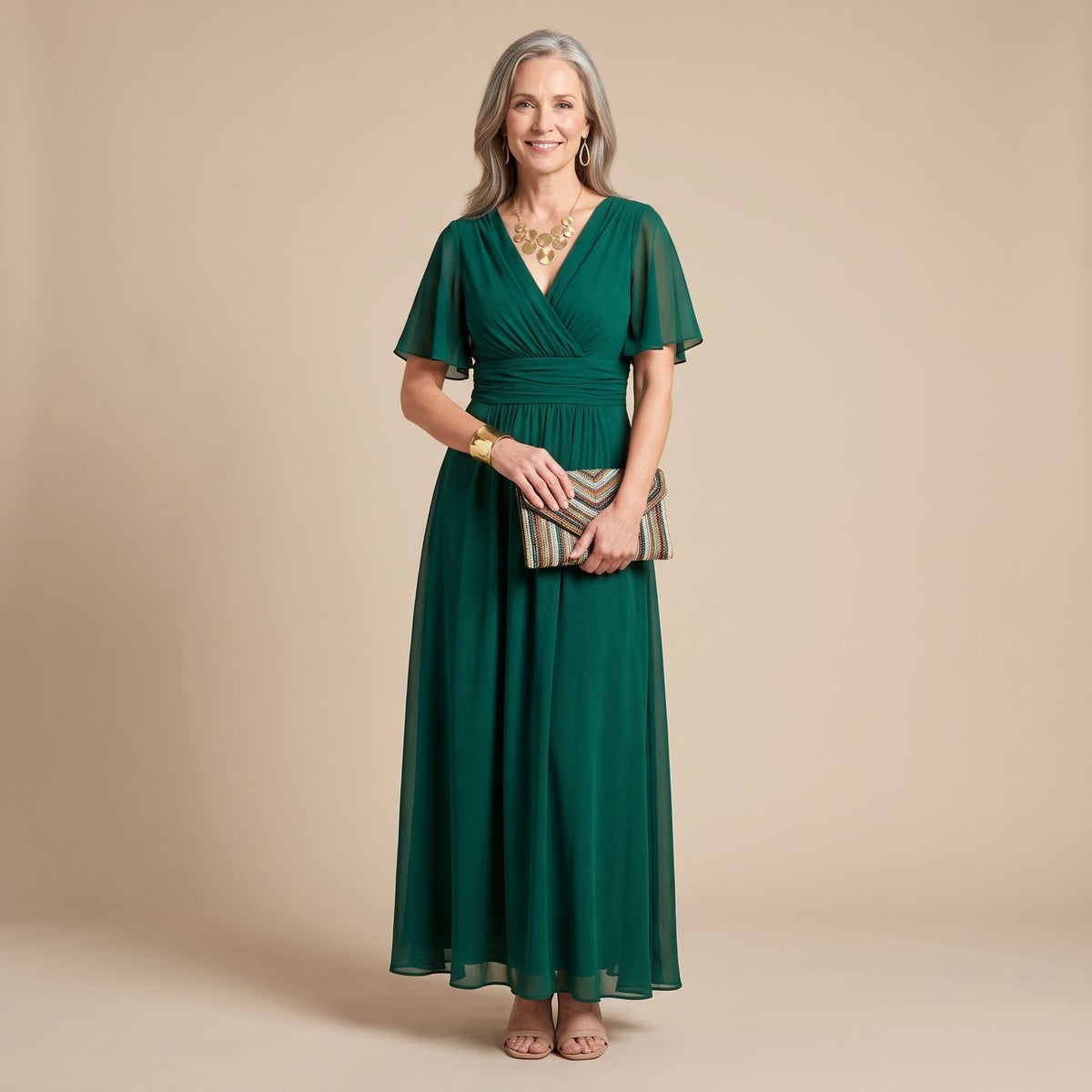 Women's Draped V-Neck Sheer-Sleeve Asymmetrical Maxi Dress