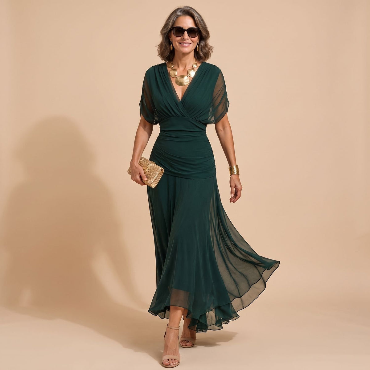 Women's Draped V-Neck Sheer-Sleeve Asymmetrical Maxi Dress