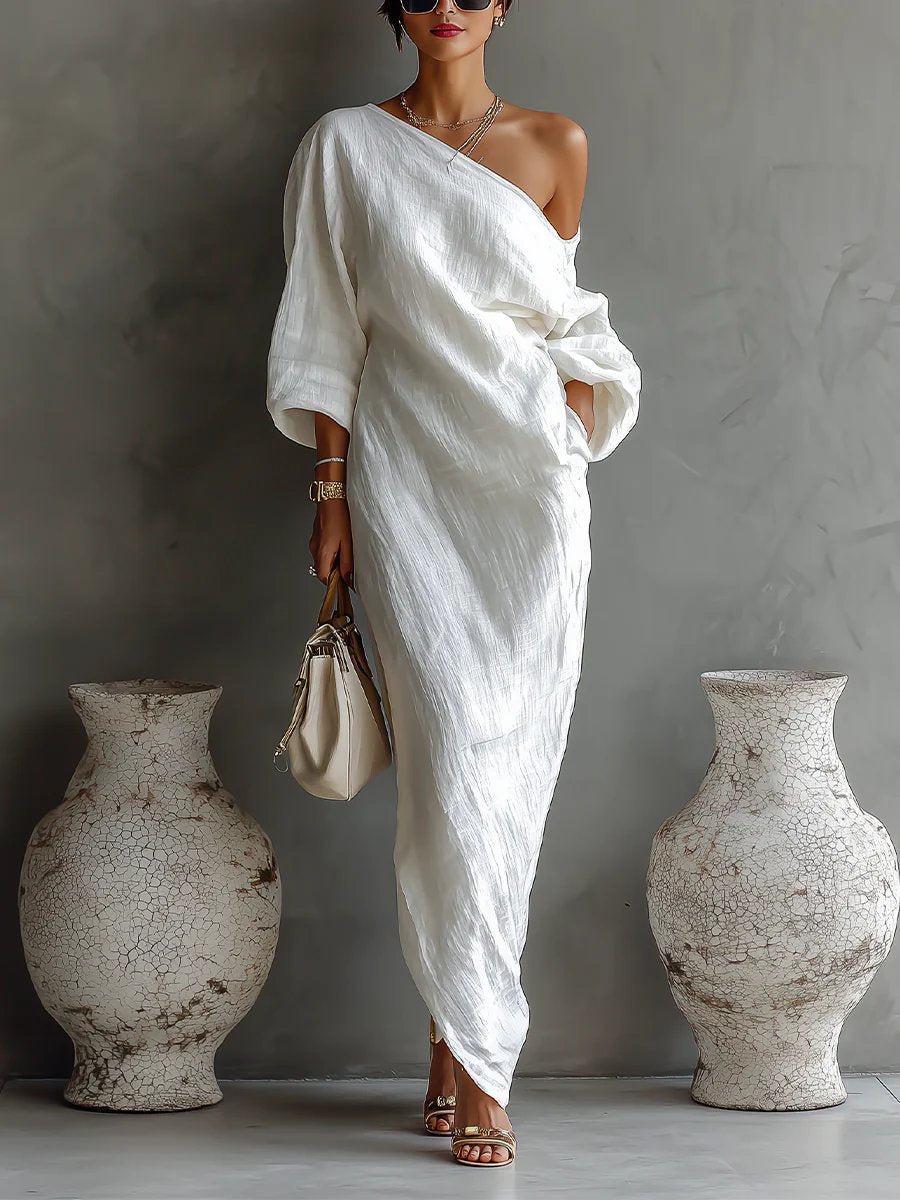 Women's Dress Elegant One-Shoulder Maxi Long Sleeve - White