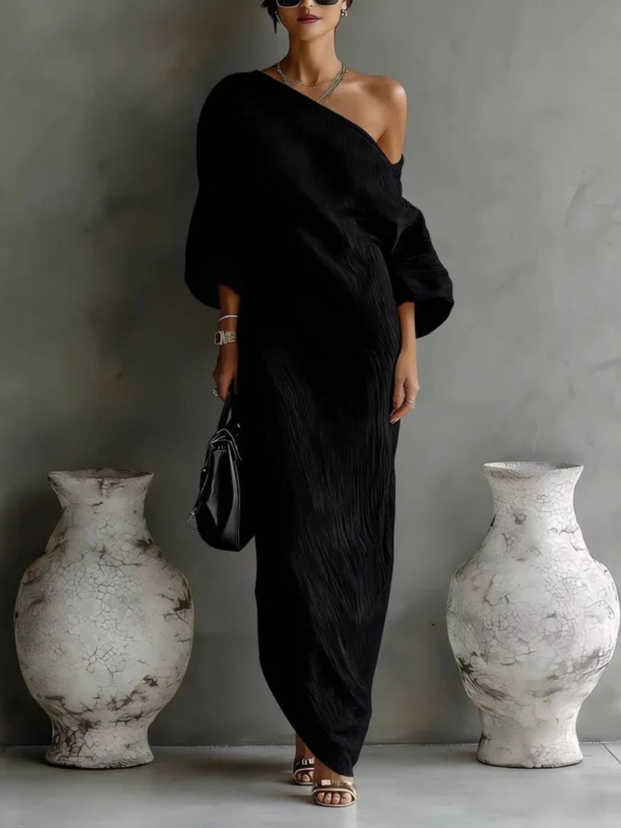 Women's Dress Elegant One-Shoulder Maxi Long Sleeve - Black