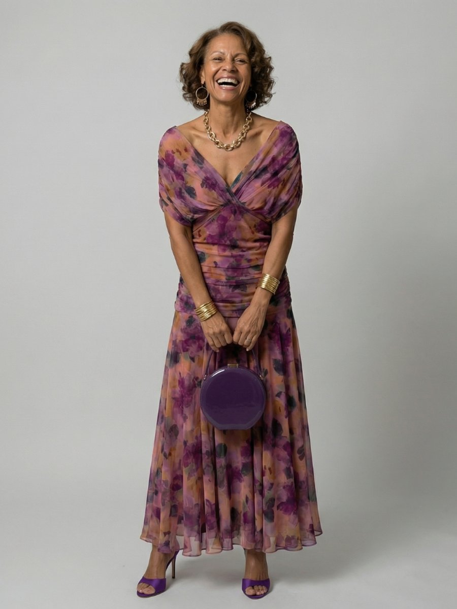 Women's Dress Off-Shoulder Draped V-Neck Floral Midi - Purple