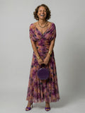 Women's Dress Off-Shoulder Draped V-Neck Floral Midi - Purple