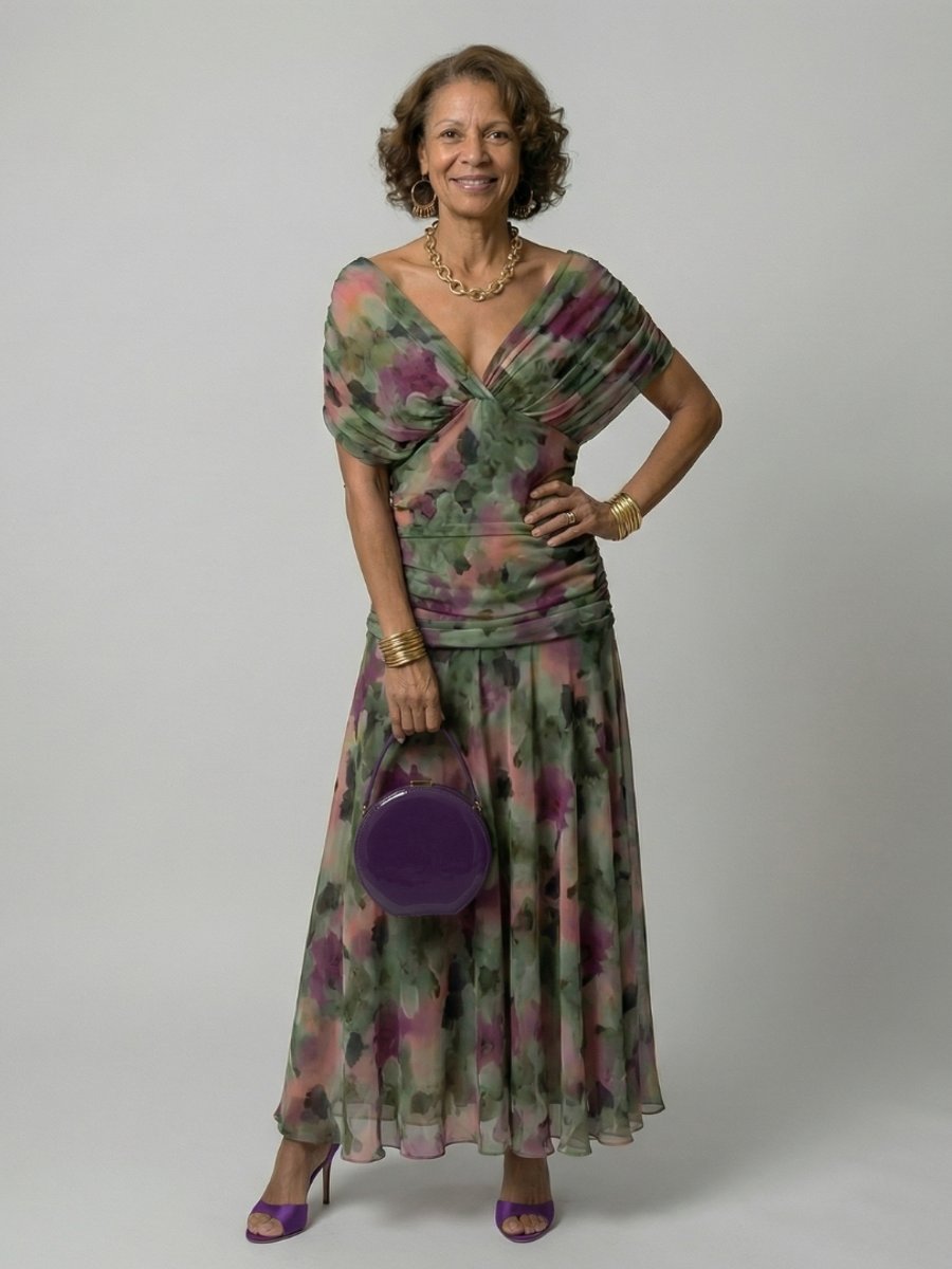 Women's Dress Off-Shoulder Draped V-Neck Floral Midi - Multicolor
