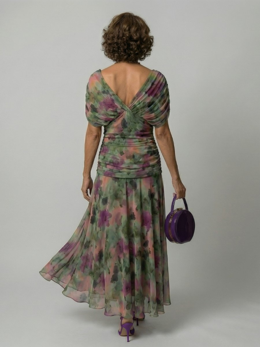 Women's Dress Off-Shoulder Draped V-Neck Floral Midi
