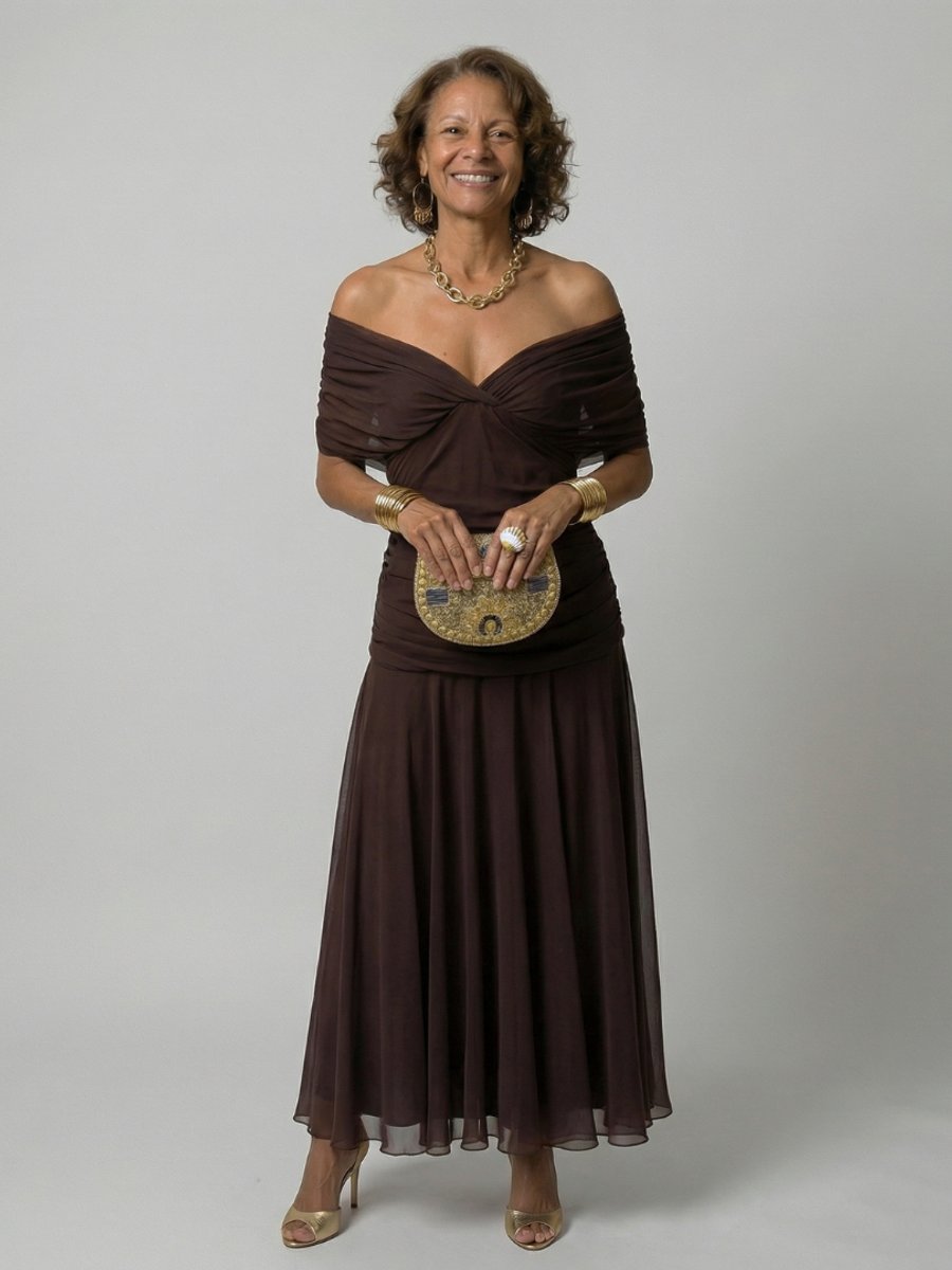 Women's Dress Off-Shoulder Draped V-Neck Floral Midi - Brown