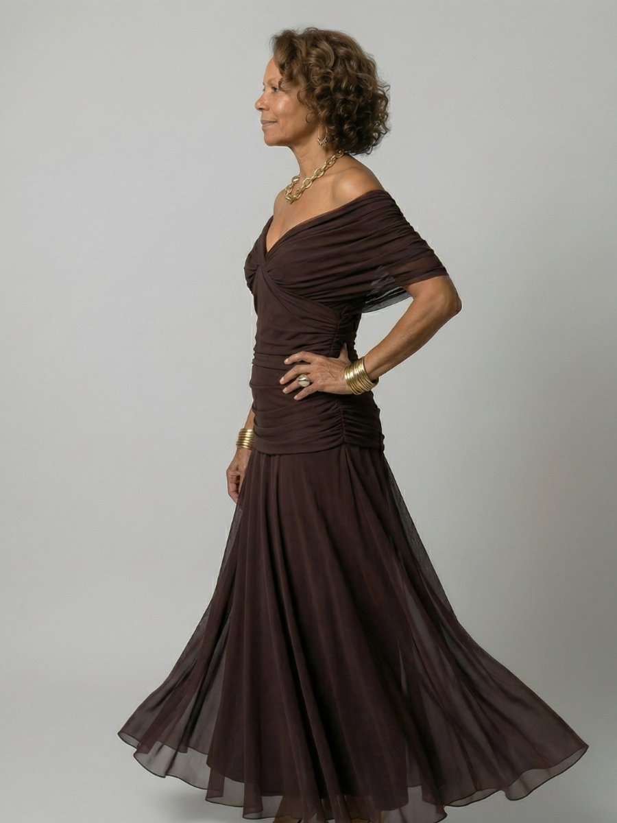 Women's Dress Off-Shoulder Draped V-Neck Floral Midi
