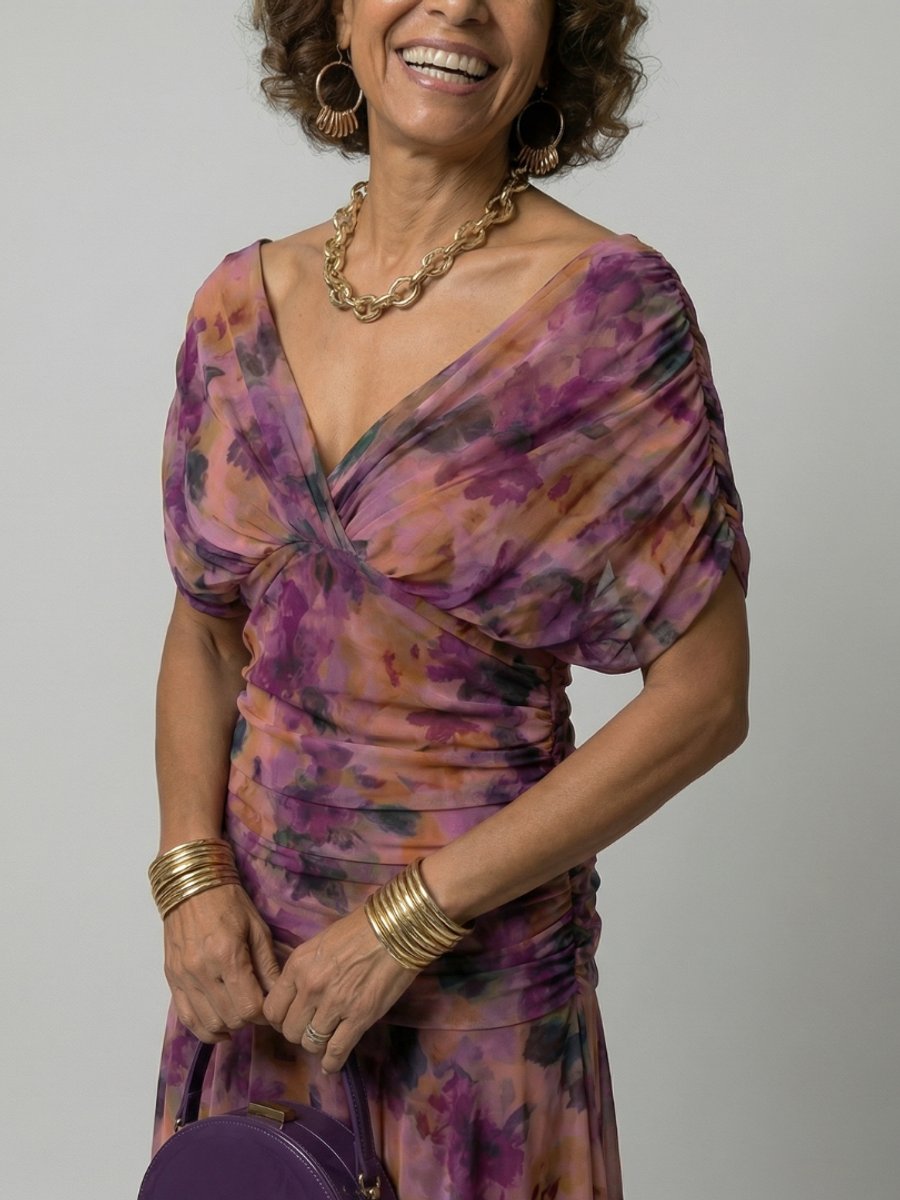 Women's Dress Off-Shoulder Draped V-Neck Floral Midi