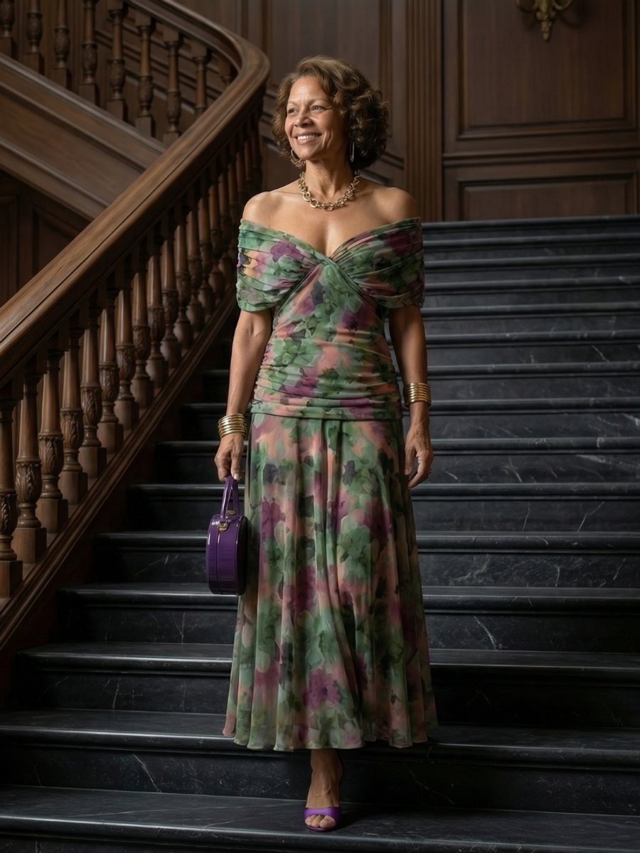 Women's Dress Off-Shoulder Draped V-Neck Floral Midi