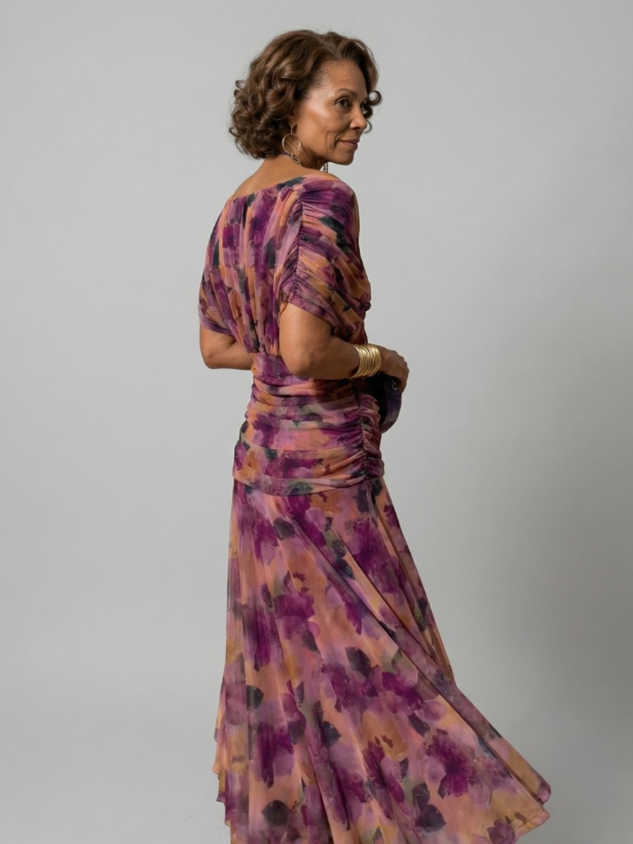 Women's Dress Off-Shoulder Draped V-Neck Floral Midi