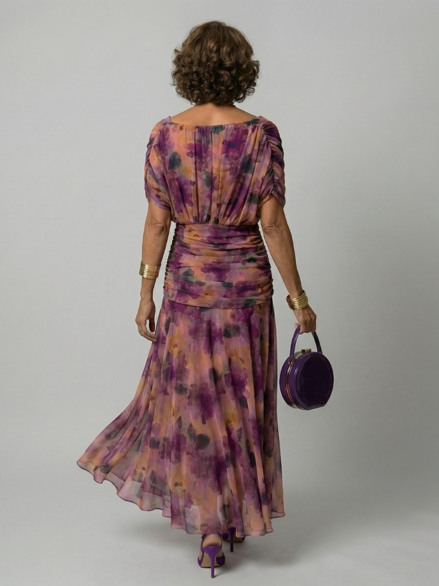 Women's Dress Off-Shoulder Draped V-Neck Floral Midi
