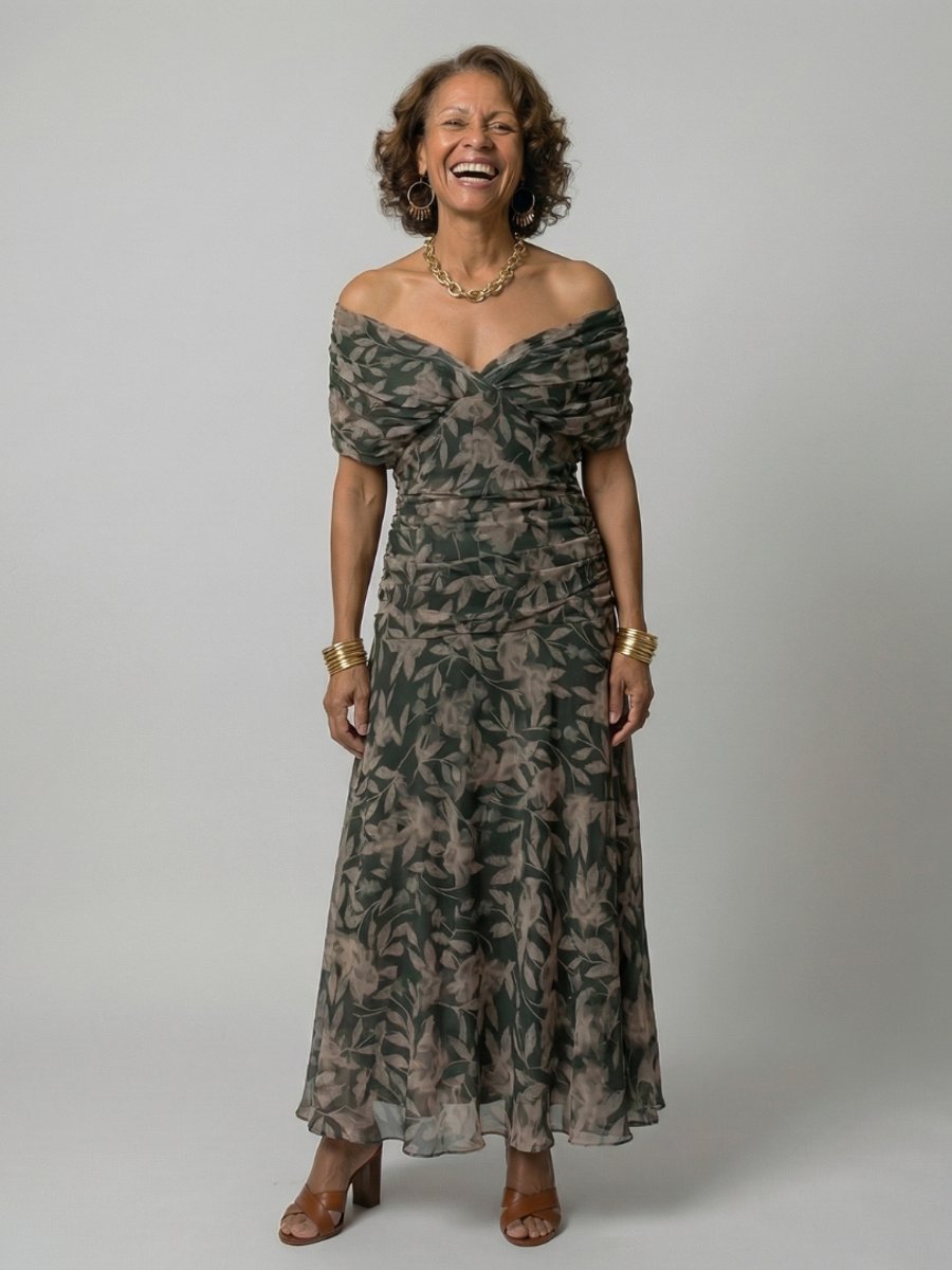 Women's Dress Off-Shoulder Draped V-Neck Floral Midi - Dark Green