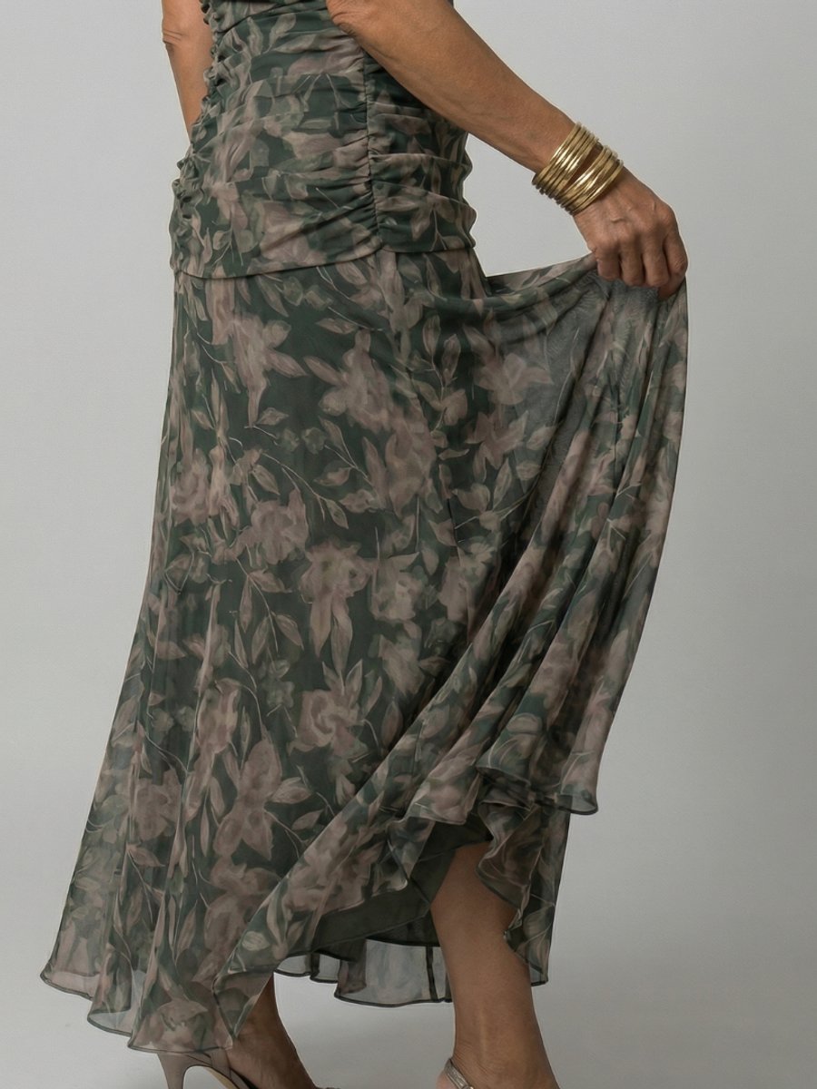 Women's Dress Off-Shoulder Draped V-Neck Floral Midi