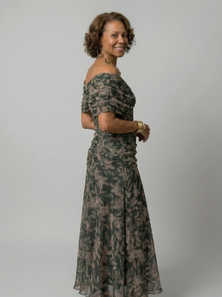 Women's Dress Off-Shoulder Draped V-Neck Floral Midi