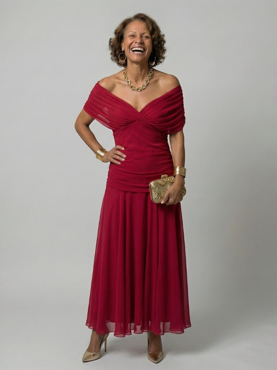 Women's Dress Off-Shoulder Draped V-Neck Floral Midi - Red