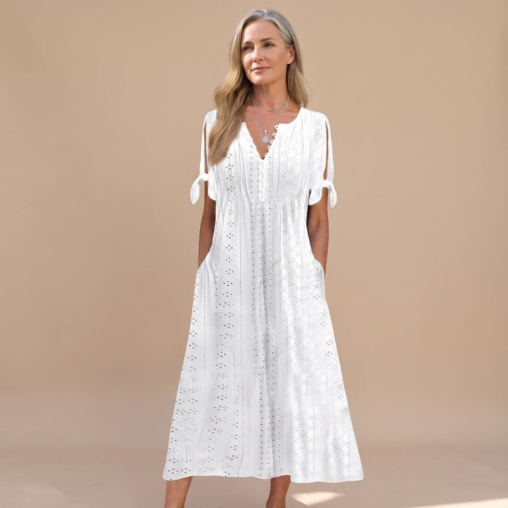 Women's Elegant Casual Eyelet Midi Dress Tie-Sleeve V-Neck - White