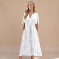 Women's Elegant Casual Eyelet Midi Dress Tie-Sleeve V-Neck - White