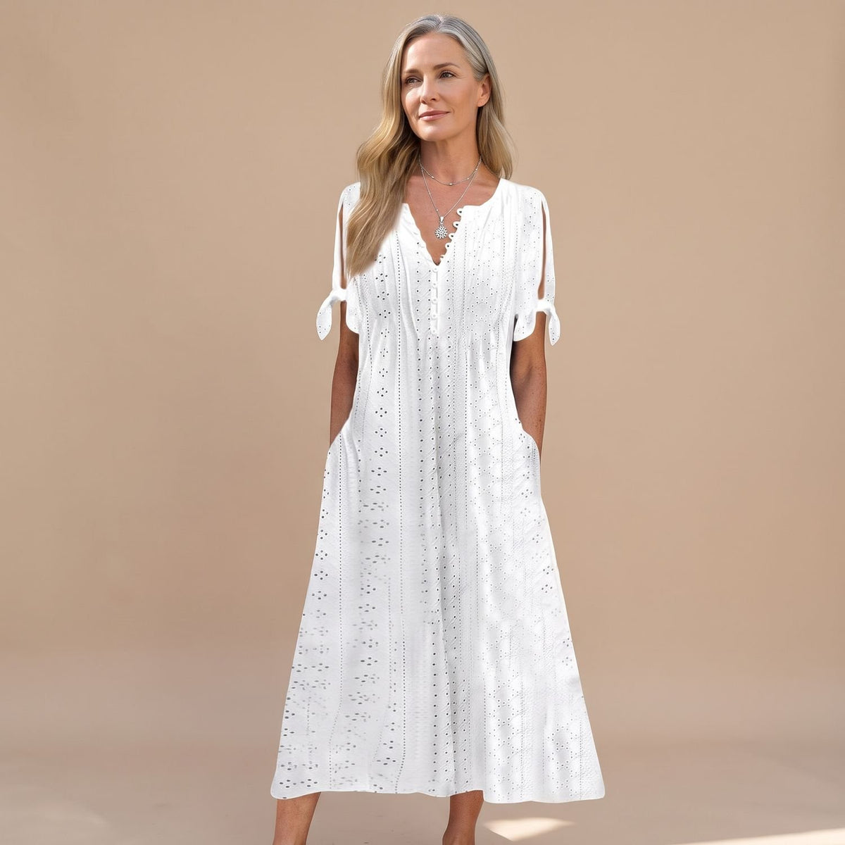 Women's Elegant Casual Eyelet Midi Dress Tie-Sleeve V-Neck - White