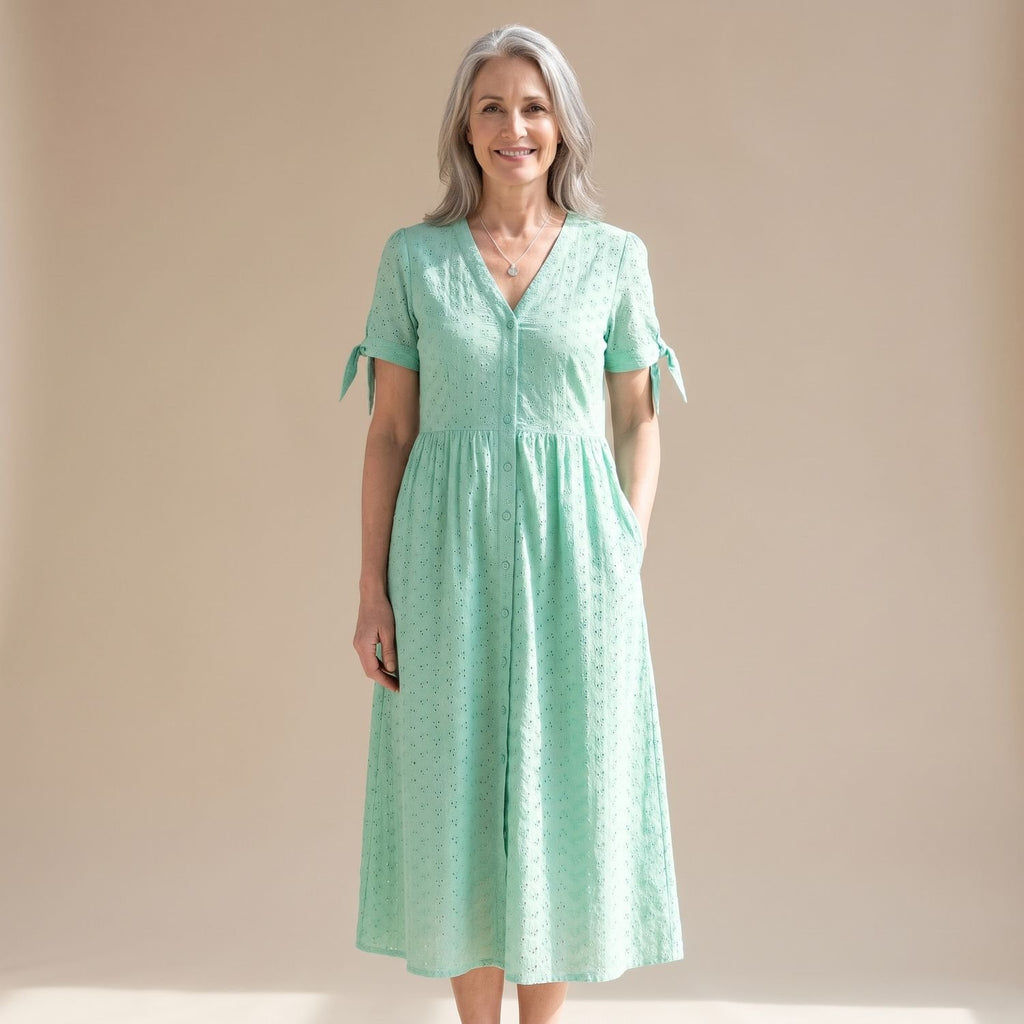 Women's Elegant Casual Eyelet Midi Dress Tie-Sleeve V-Neck - Green