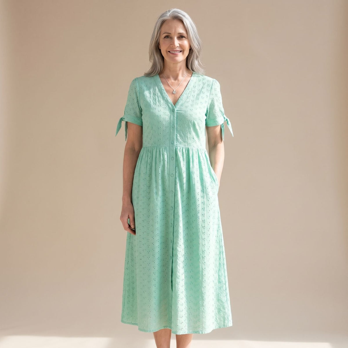 Women's Elegant Casual Eyelet Midi Dress Tie-Sleeve V-Neck - Green
