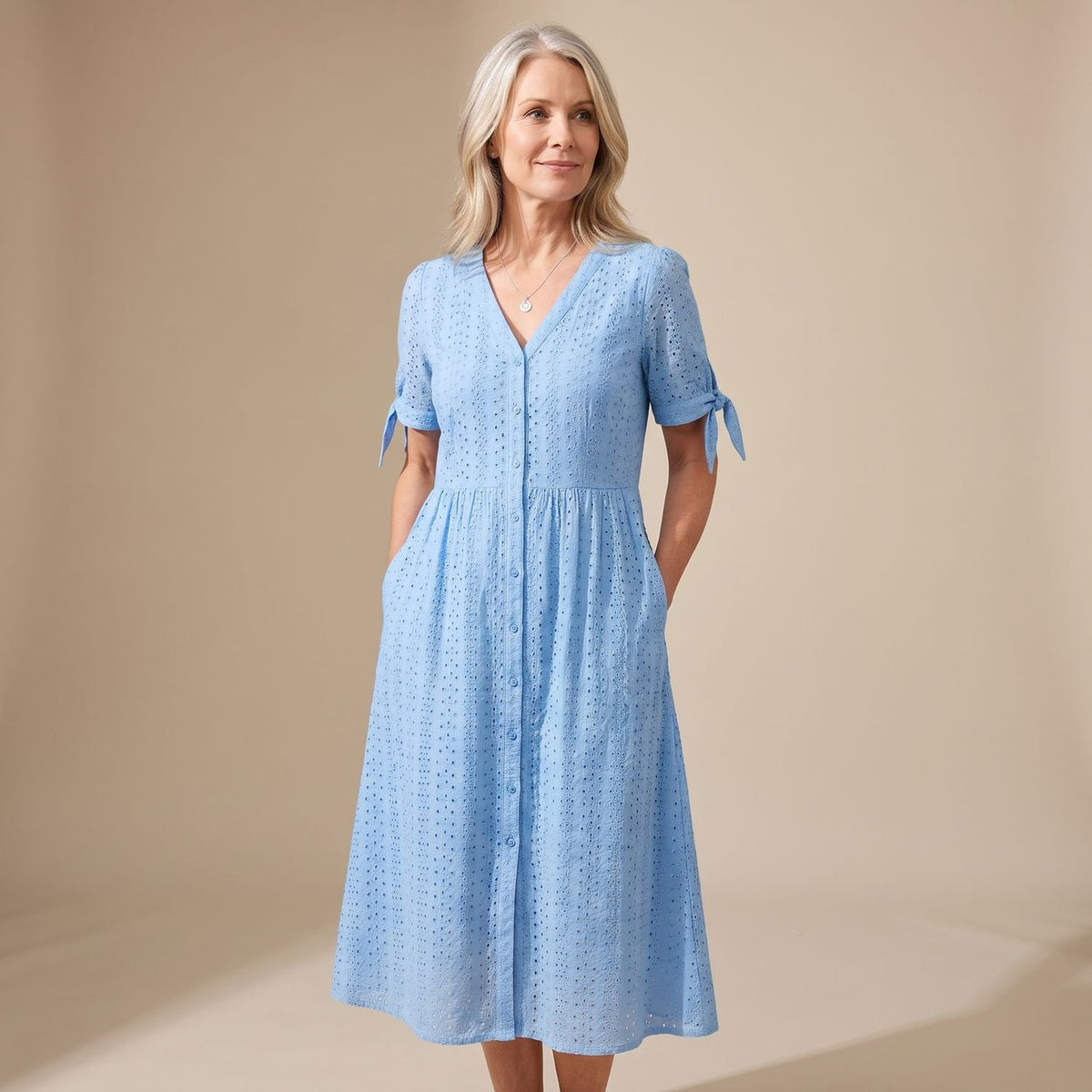 Women's Elegant Casual Eyelet Midi Dress Tie-Sleeve V-Neck - Blue