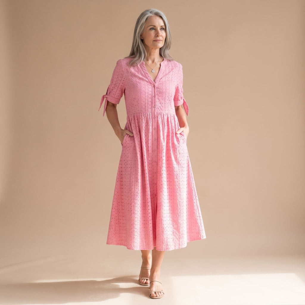Women's Elegant Casual Eyelet Midi Dress Tie-Sleeve V-Neck - Pink
