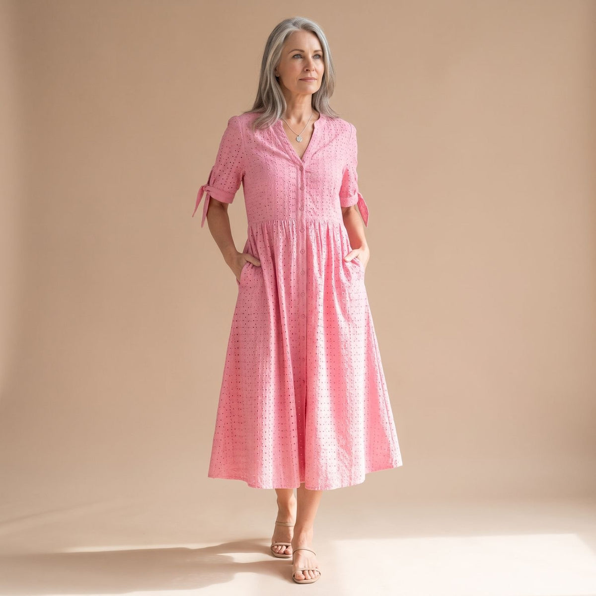 Women's Elegant Casual Eyelet Midi Dress Tie-Sleeve V-Neck - Pink