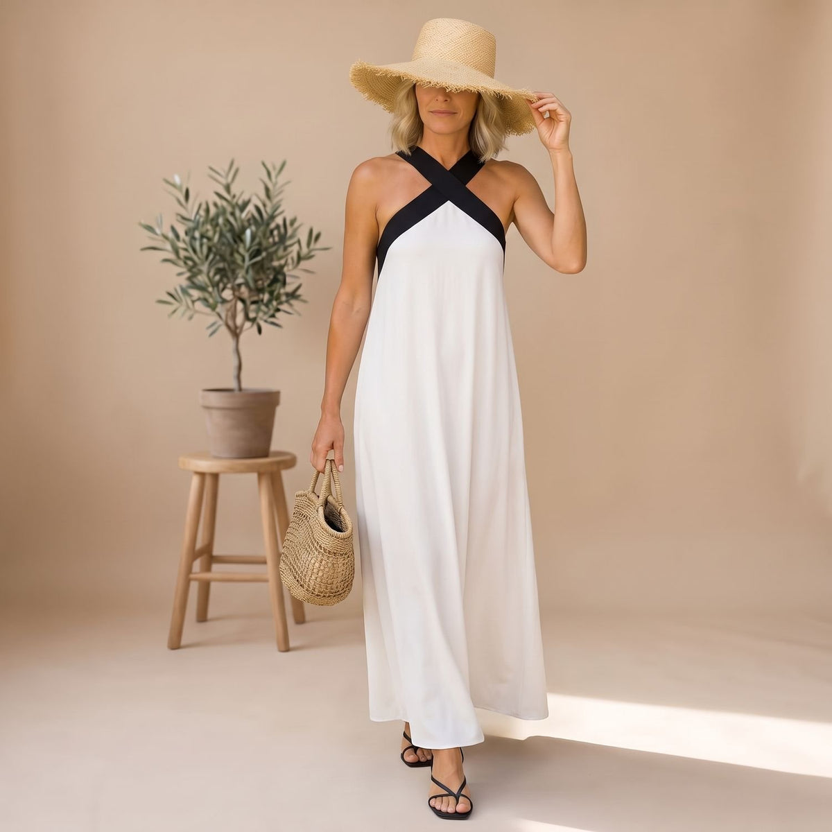 Women's Elegant Cross-Halter Open-Back Formal Maxi Dress
