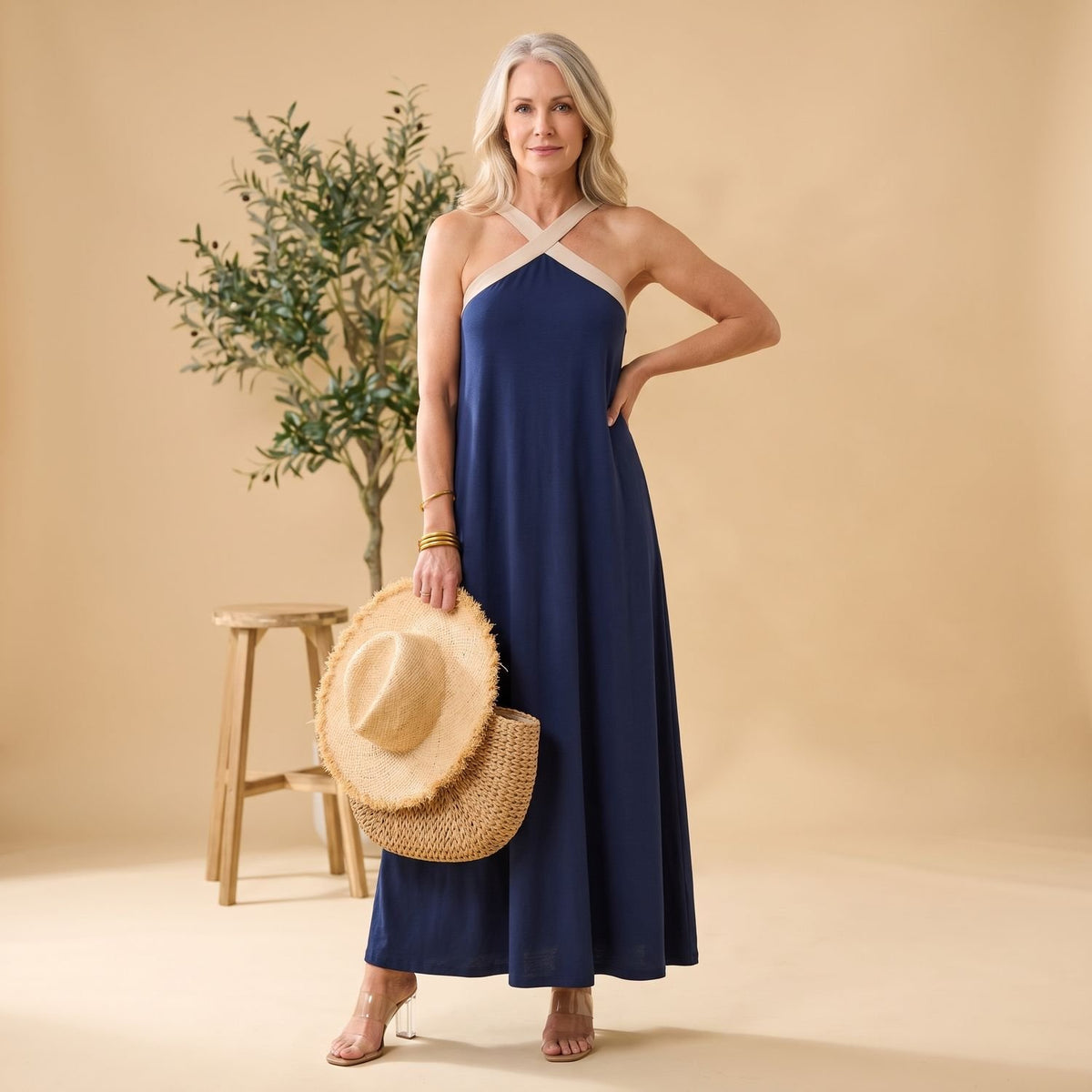 Women's Elegant Cross-Halter Open-Back Formal Maxi Dress
