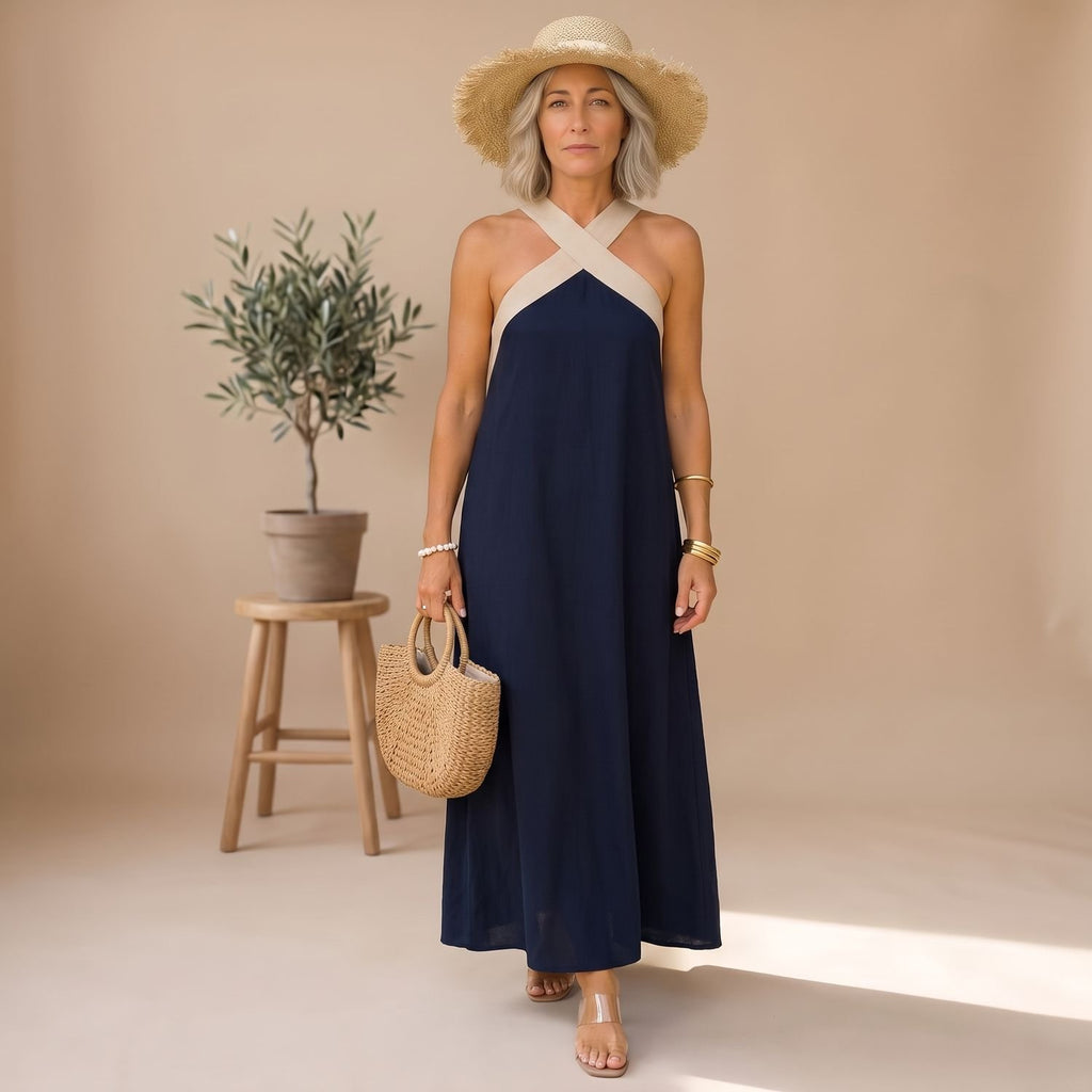 Women's Elegant Cross-Halter Open-Back Formal Maxi Dress