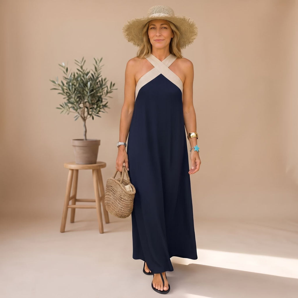 Women's Elegant Cross-Halter Open-Back Formal Maxi Dress - Blue