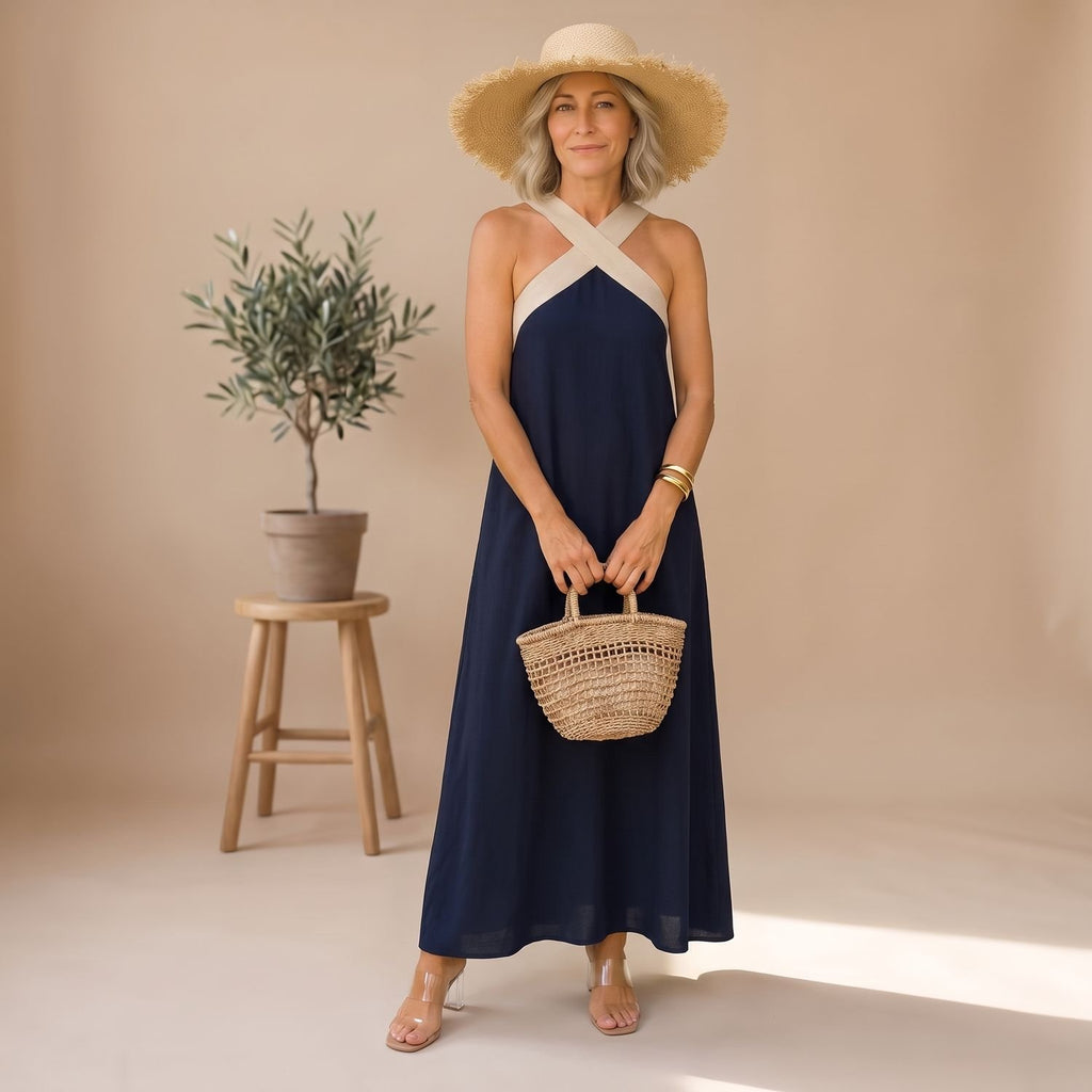 Women's Elegant Cross-Halter Open-Back Formal Maxi Dress
