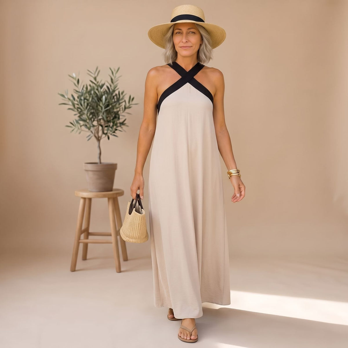 Women's Elegant Cross-Halter Open-Back Formal Maxi Dress