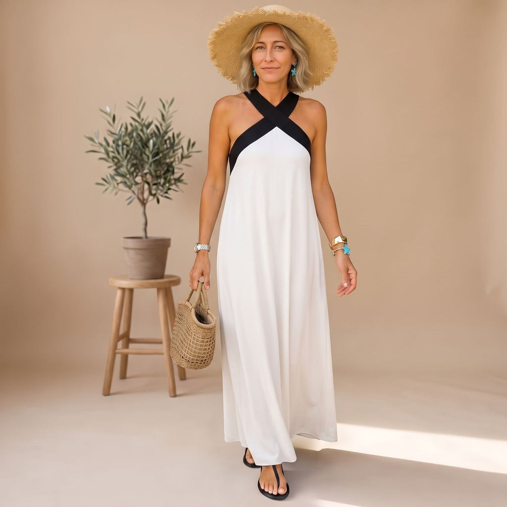 Women's Elegant Cross-Halter Open-Back Formal Maxi Dress - White